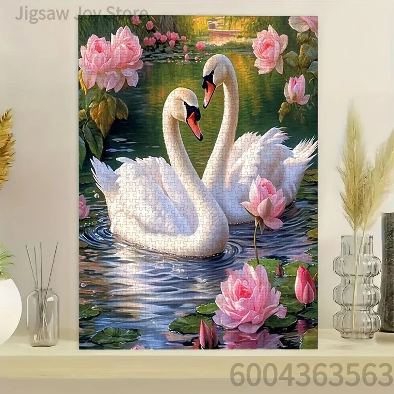 Animal & Floral Jigsaw Puzzle, Swan Lotus Pond, Pink Desert Mountain, Rose Peony Watercolor, Vintage Swan Oil Art, 500-2000Pcs
