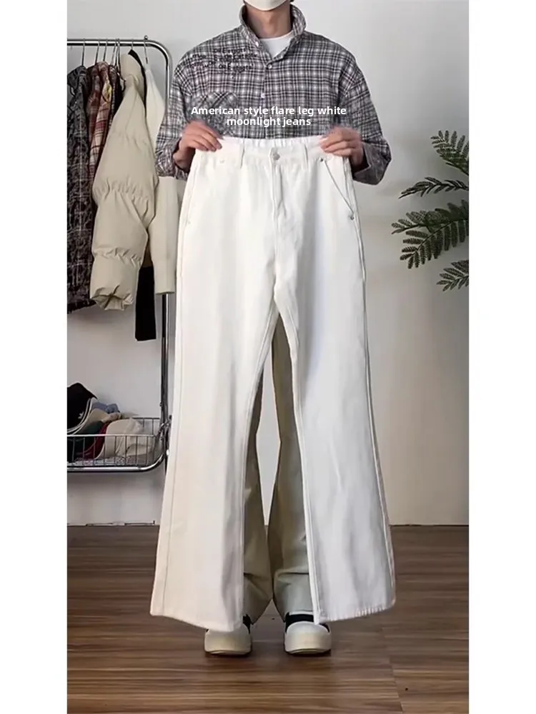 

Белые джинсы Slim Fit с высокой талией для мужчин, в американском стиле, молодежные, трендовые, для весеннего сезона, из смесового полиэстера и хлопка