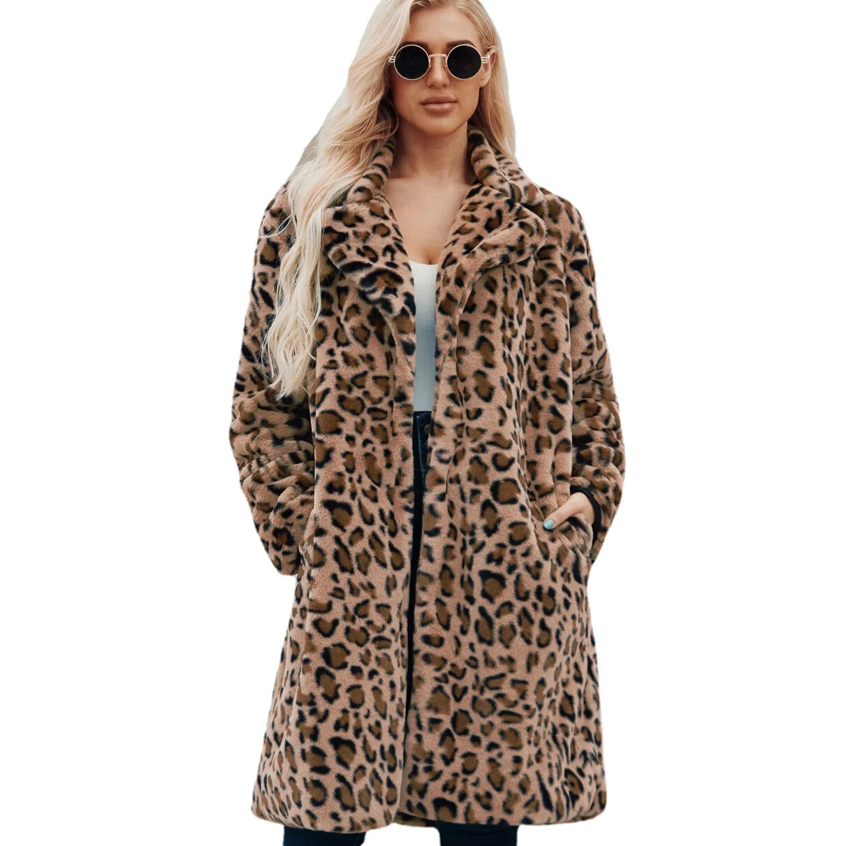

Leopard Women's Winter Coats Covered Button Long Faux Fur Jackets Stylish New in Outerwear 2024 Suit Lapel Casual Outerwears