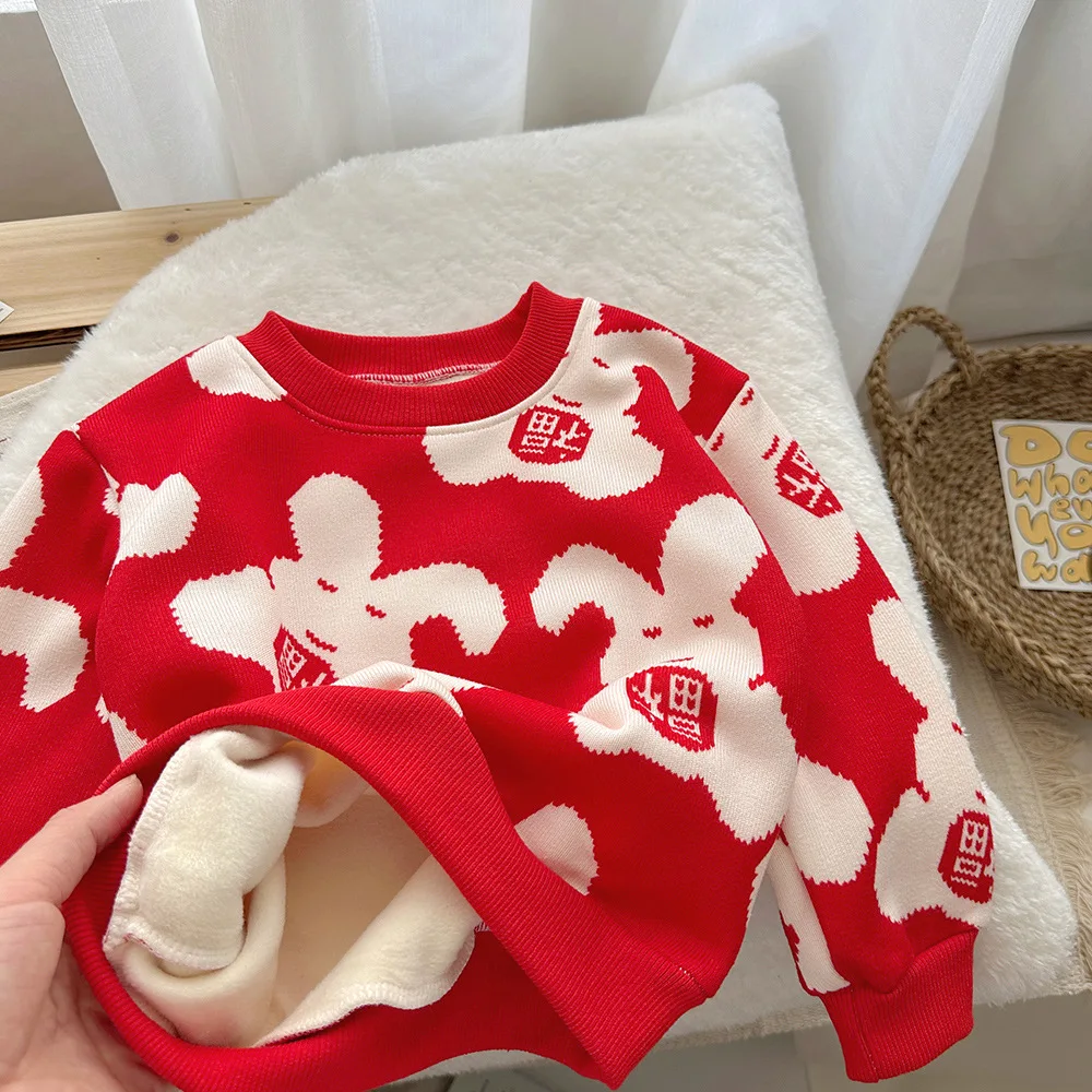 سترة أطفال قطيفة بأكمام طويلة ، طفل صغير دافئ كاجوال ، خريف ، خروج شتوي ، رقبة طاقم طفلة ، سميك سميك محبوك