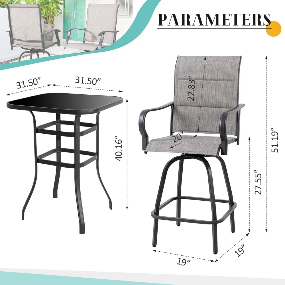 New 5 Piece Patio Swivel Bar Set, All Weather Mental Textilene High Swivel Bar Stools Chair Set of 4 and High Glass Bar Table