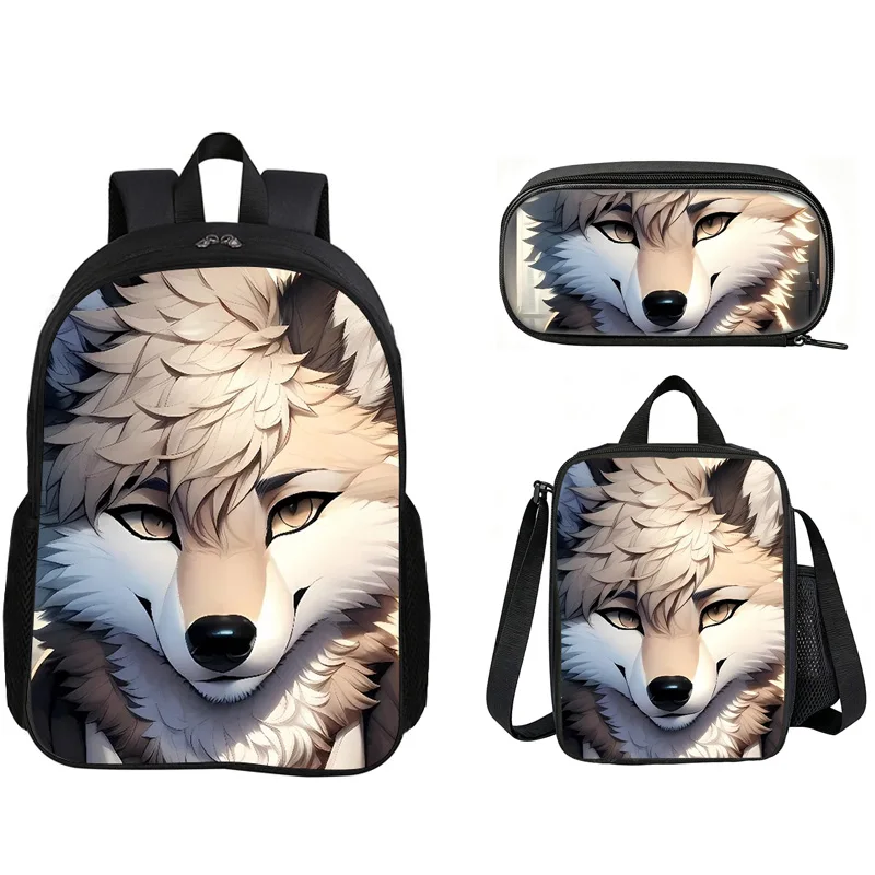Wolf 3Pcs Set Backpack for Kids Boys Girls Students School Bag with Lunch Bag Pencil Case Lightweight Large Capacity