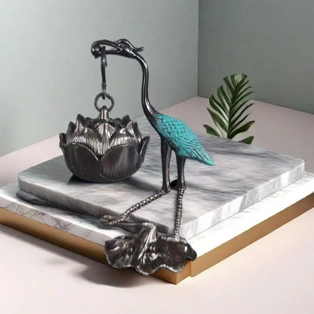 Crane Shape Crane Incense Holder Alloy Craft Handmade Lotus Crane Hanging Furnace Durable Antique Hanging Incense Tray Tea House