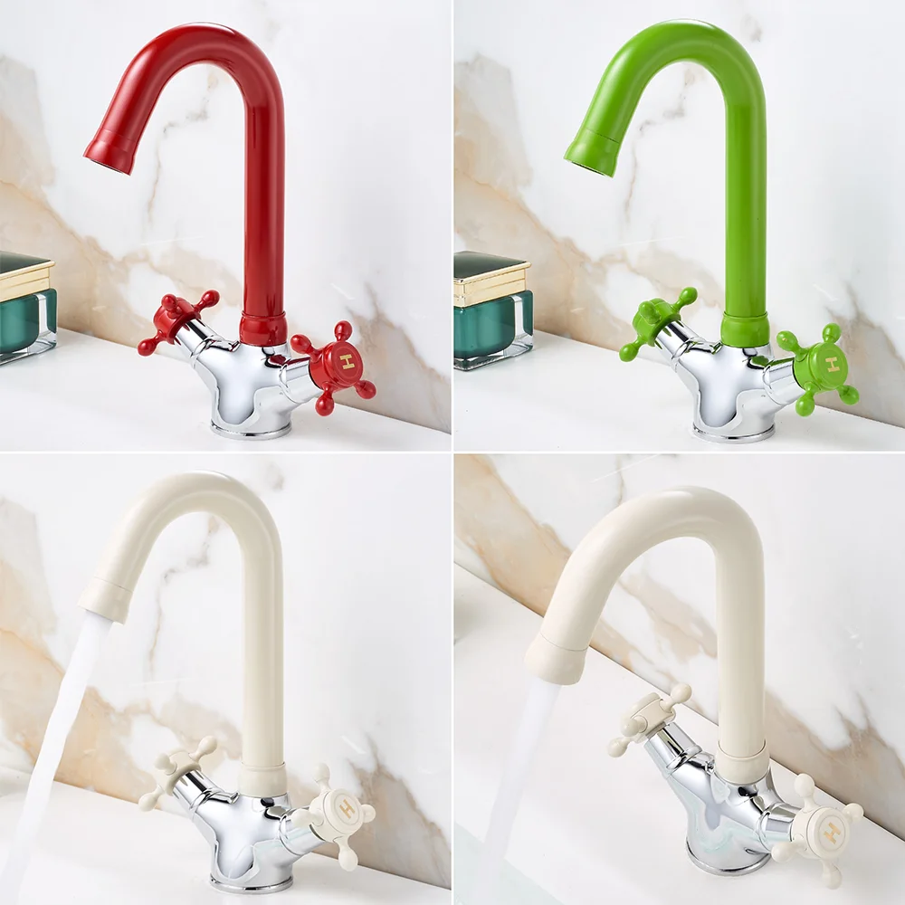 

Candy-Colored Creative Double-Handle Bathroom Faucets Red Basin Mixer Sink Faucet 360 Rotate Cold Hot Deck Mounted Lavotory Tap