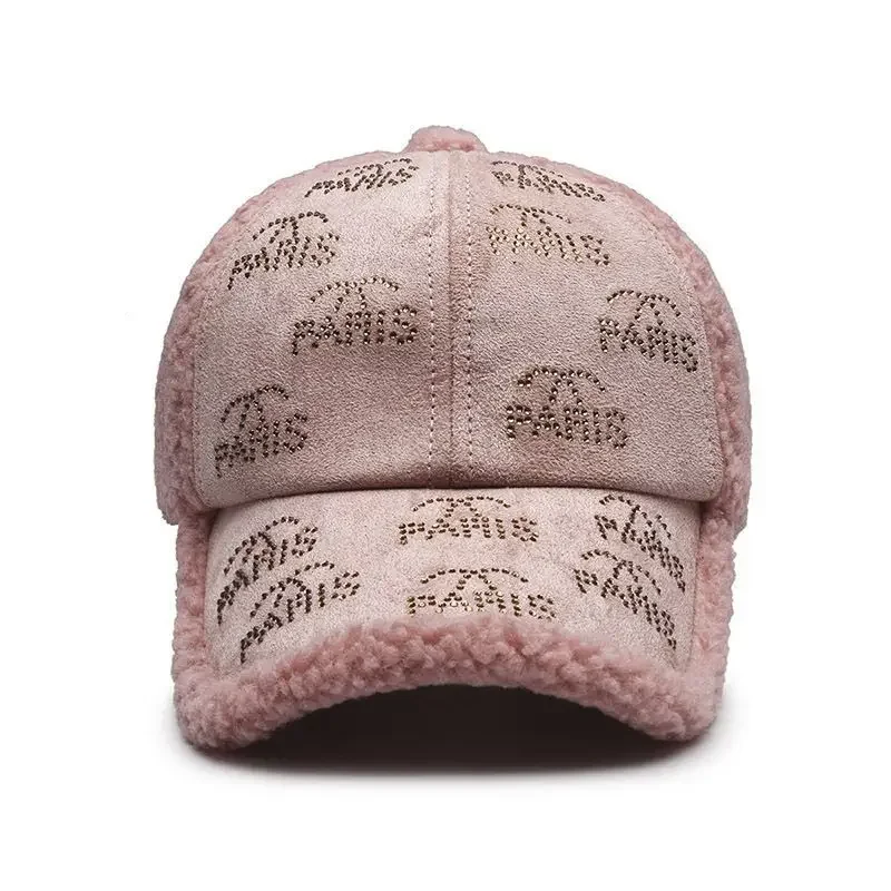 2024 New Rhinestone Letter Lamb Velvet Baseball Hat Women Warm Show Face Small Balaclava Cap Womens Winter Hat Satin Hair Cap