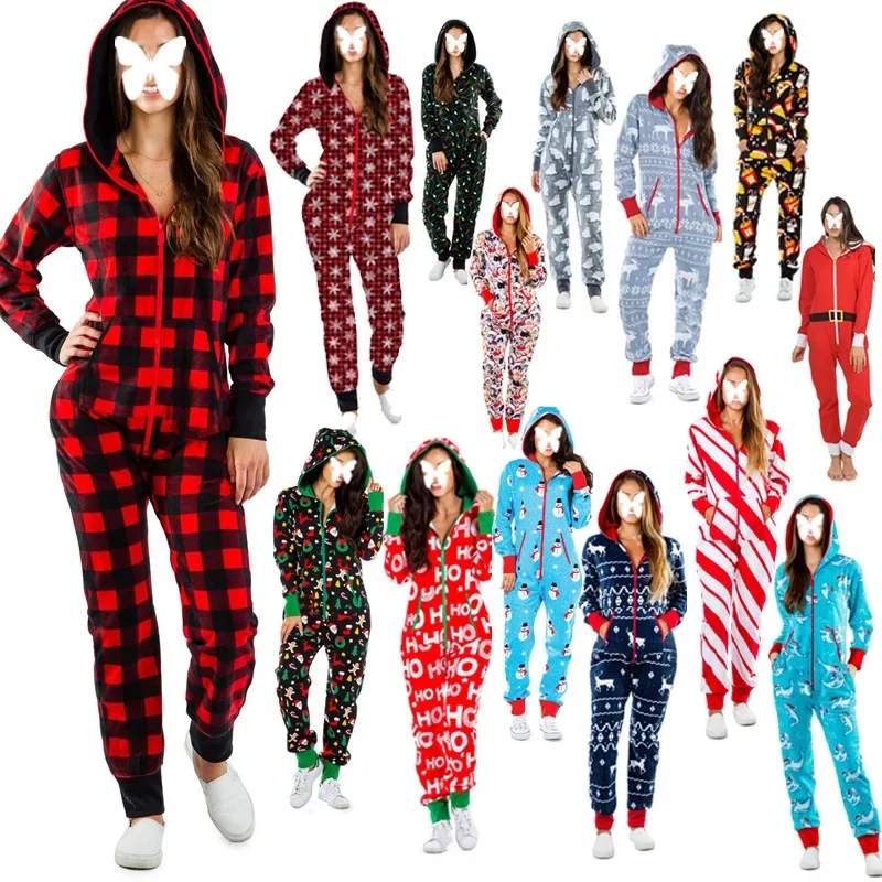 Vrouwen Onesie Kerst Pyjama Jumpsuit Paar Homewear Rits Nachtkleding Meisjes Festival Feest Pak Met Capuchon Lange Mouw