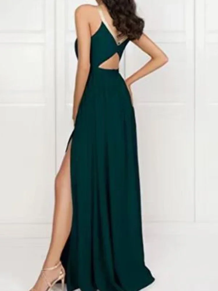 Customized Customized Temperament Halter Sleeveless Slim Waist Cocktail Dress Sexy Simple Solid High Split Evening Dresses Chic