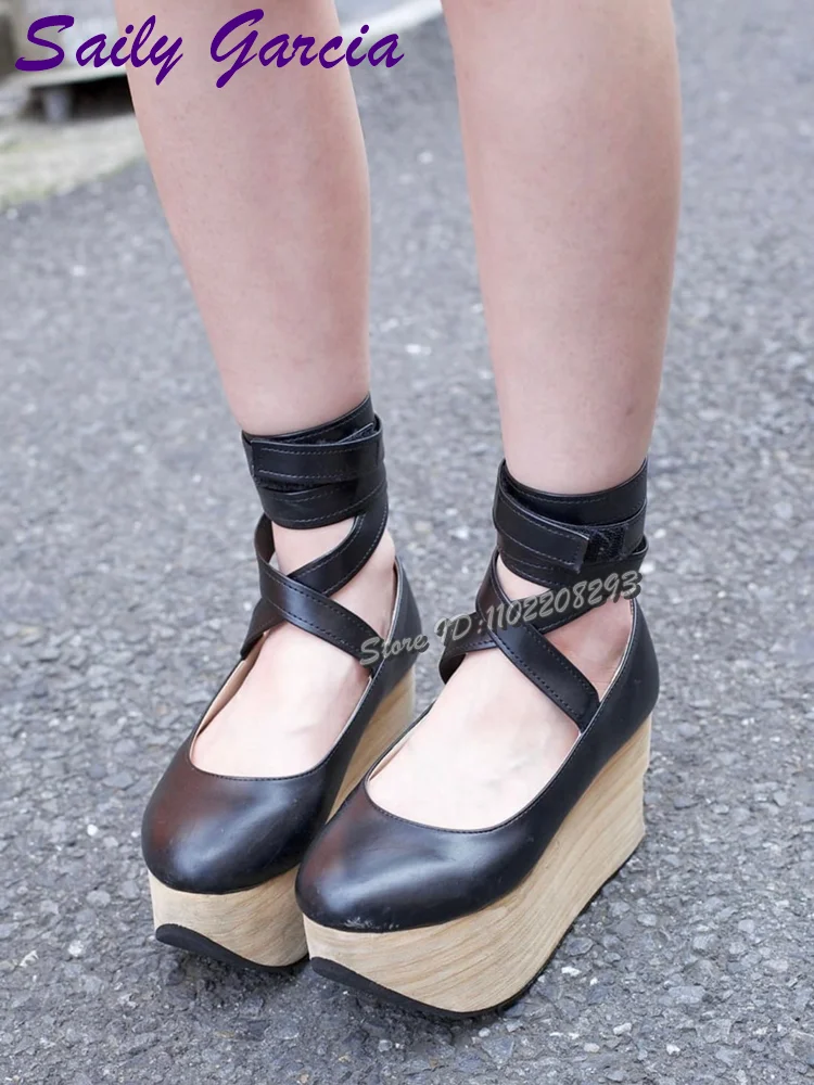 Cross-tied Platform Clogs Pumps Round Toe Lace-up High Heel Lolita Thick-soled Ankle Boots 2025 Summer Women Rocking Horse Shoes