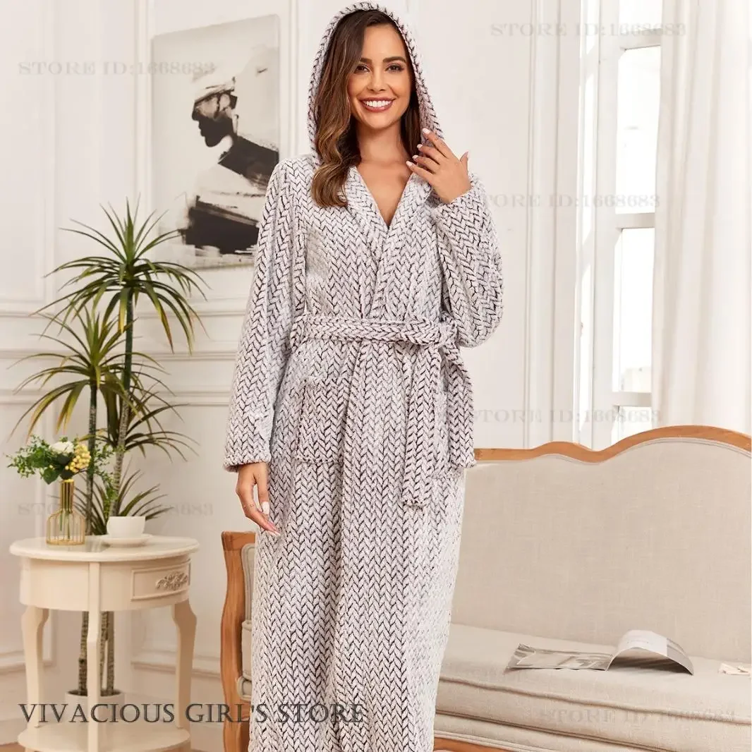

Winter New Female Long Robe Thicken Flannel Hooded Bathrobe Loungewear Loose Warm Coral Fleece Women Sleepwear Home Dress Pajama