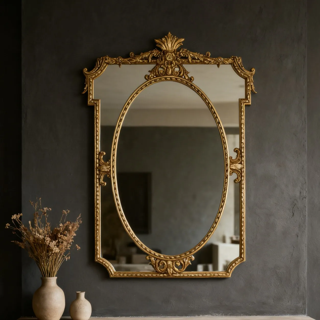 European-style gilt square oval wall-mounted mirror top scallop pattern retro engraved  bedroom porch decorative makeup
