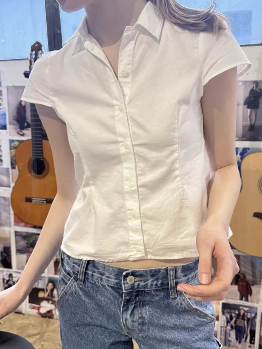 Women White Lace Slim Blouse T Shirt 2024 Summer Cotton Turn-down Collar Short Sleeve Tees Solid Simple Sweet Tops Y2K Clothes