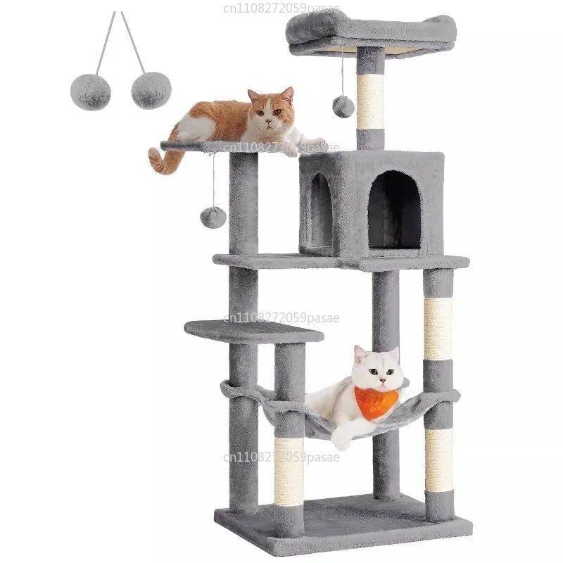 Pink Large Multi-level Cat Trees & Scratcher with Hammock Luxury Wood Pet Cat Tree Tower