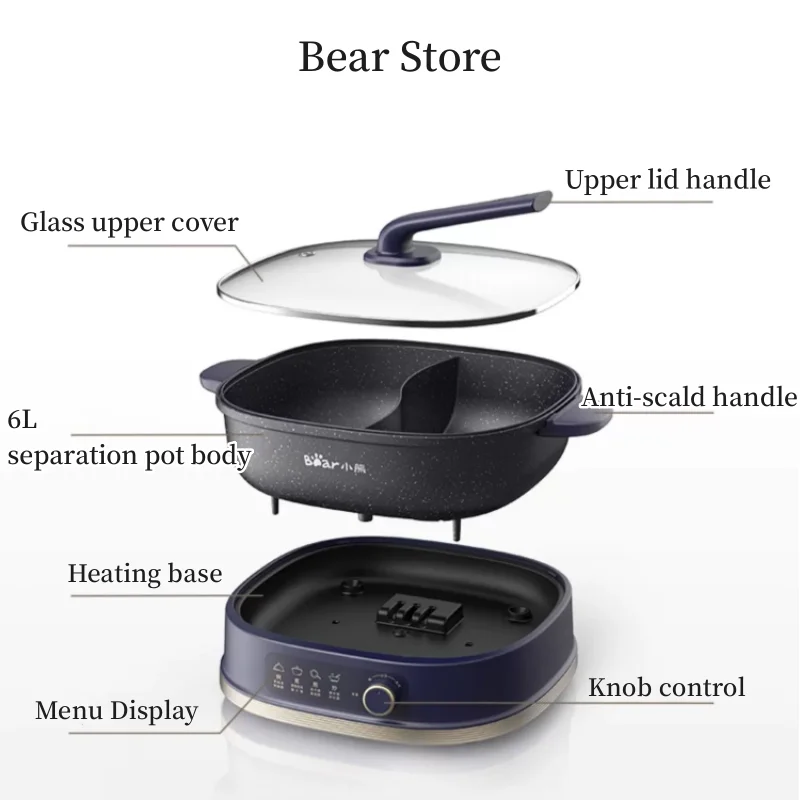 Bear Multi-functional Electric Hot Pot Split Type Electric Cooking Pot Household Stir-fry Stew Pot Kitchen Cooking Appliances