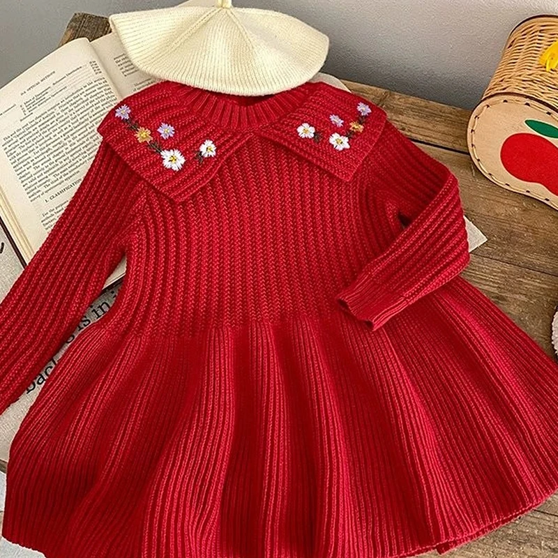 

Autumn Winter Style Long Sleeved Knitting Dress Solid Color High Quality Sweaters Dress Keep Warm Dress Children Knit Clothing