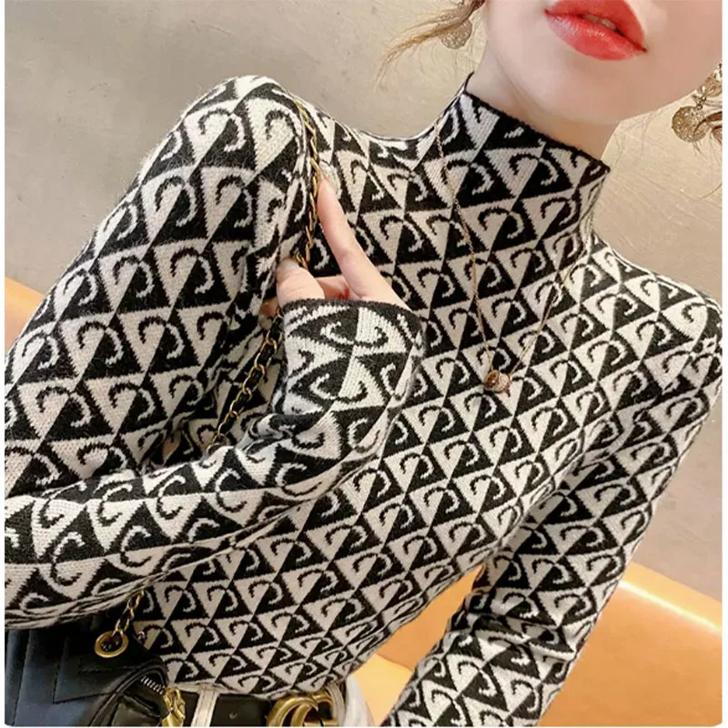 Women Clothing Slim Sweaters Simple All-match Knitted Pullovers Spring Wool Jacquard Fashion Knitwear Tops