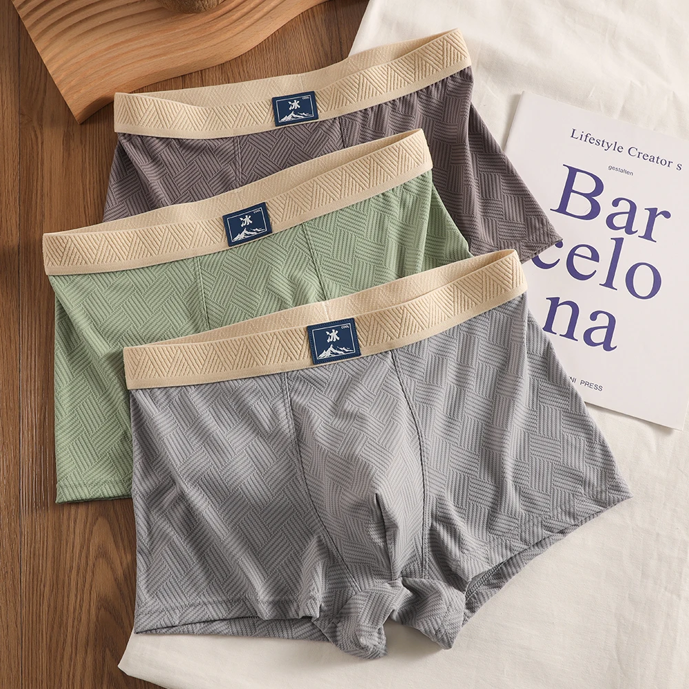 

3PCS/Pack Trendy Knit Ice Silk Striped Men's Panties Breathable Antibacterial Mesh Crotch Boxers Man High Elastic Men Underpants