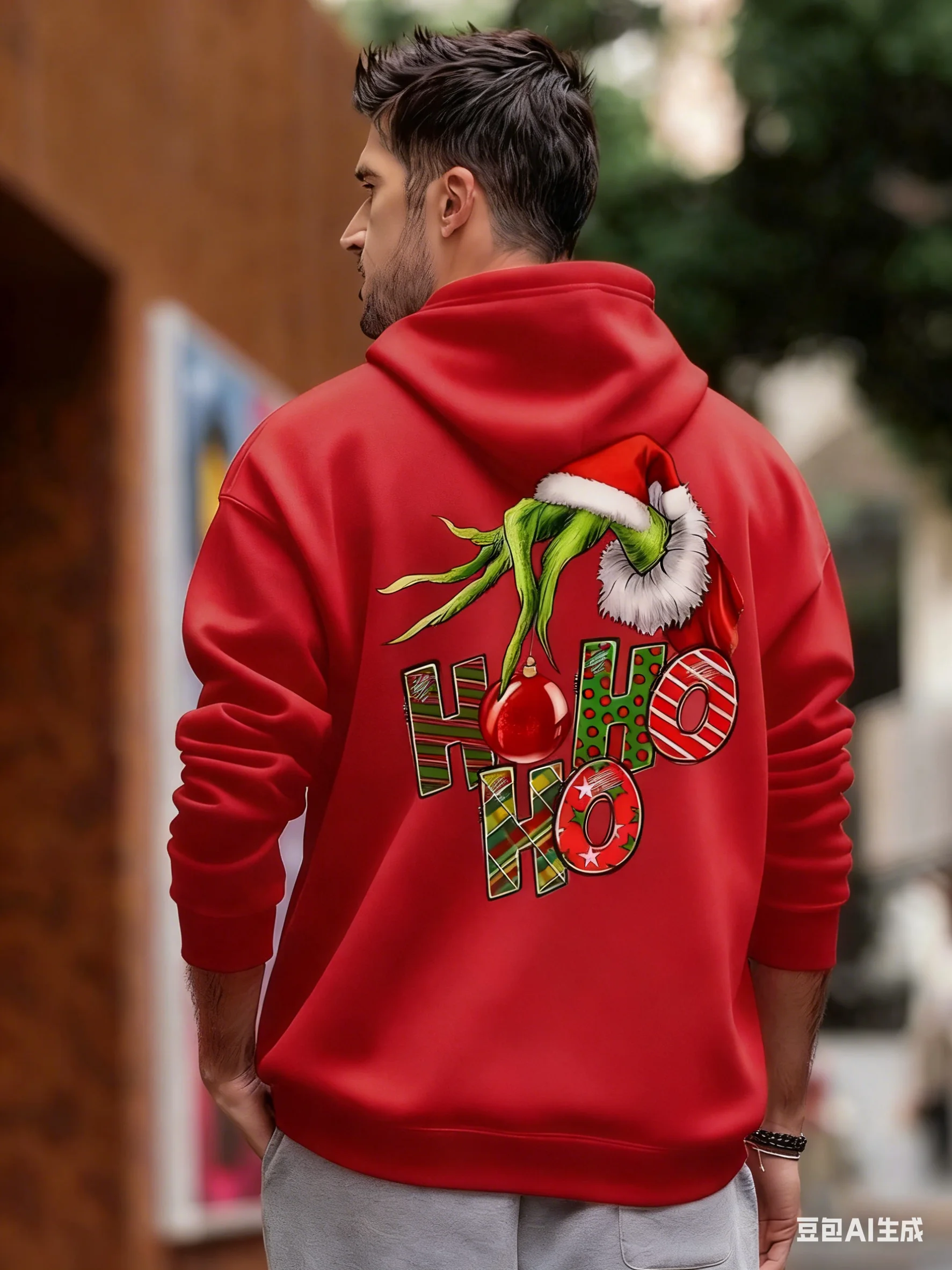 سويت شيرت رجالي كاجوال بقلنسوة على الموضة في الشارع لعيد الميلاد مطبوع عليه عنصر مطبوع، لخريف/شتاء