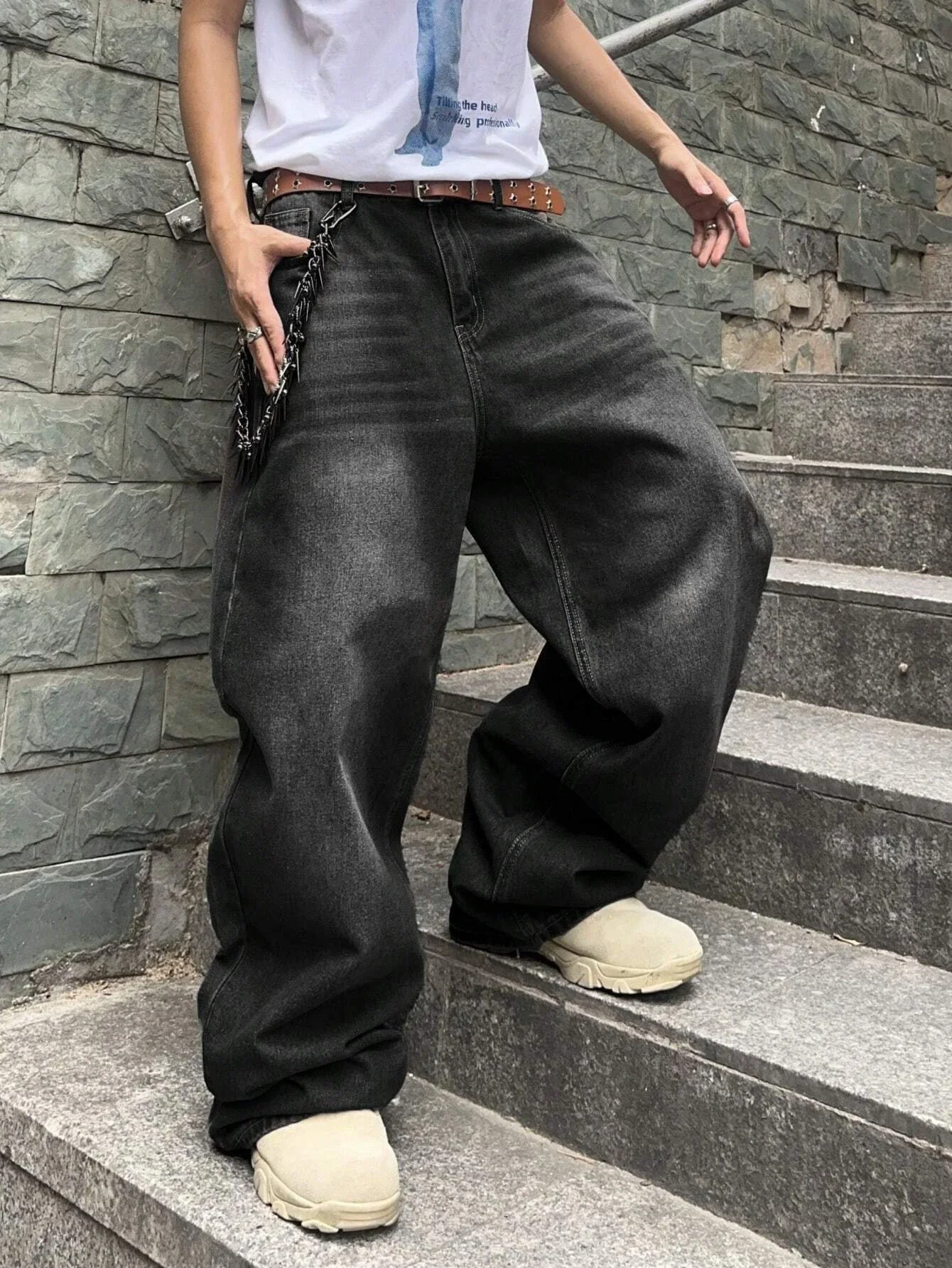 

Pop 1Pc Men's Daily Travel Casual American Street Loose Jeans, Black, Light Blue, Sea Blue Fashion Street Style Retro Lantern Je