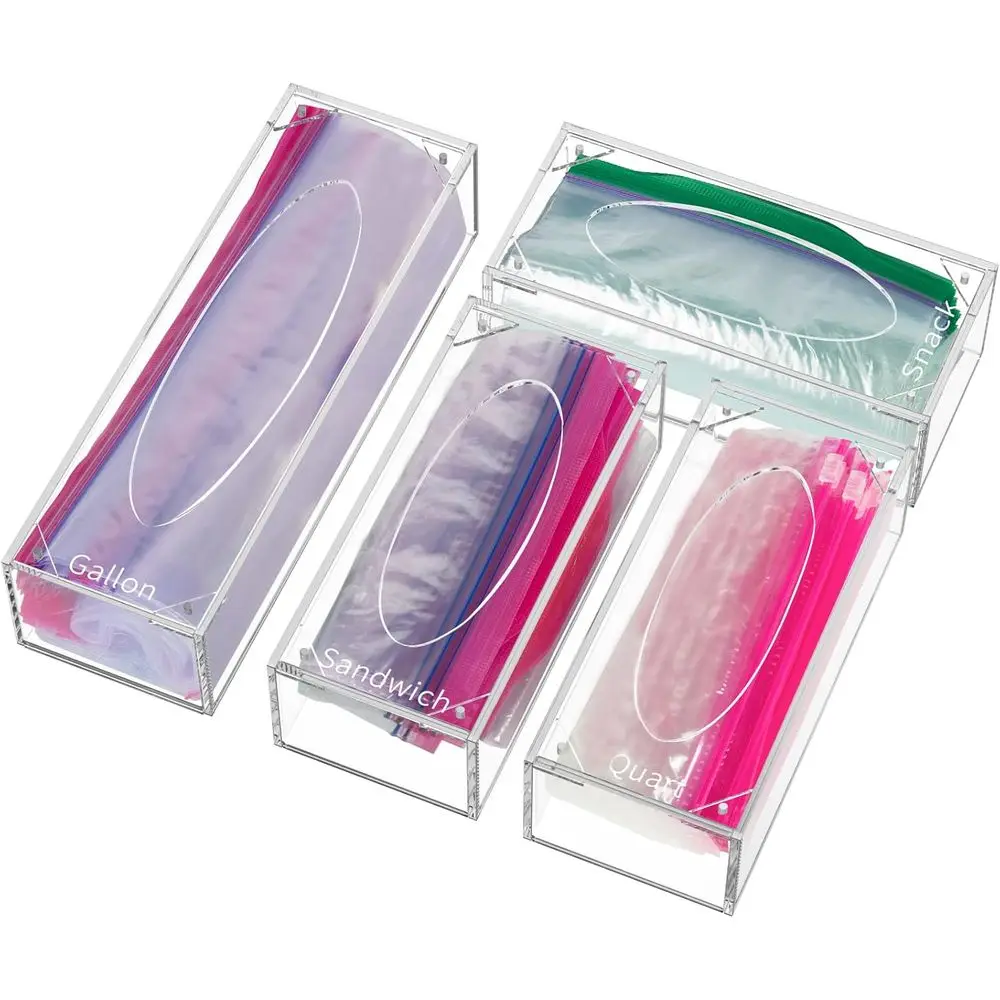 

ood Bag Storage Organizer, Acrylic Kitchen Der Baggie Box, Compatible with Gallon, Slider Quart, reezer, Sandwich, Snack, Variet