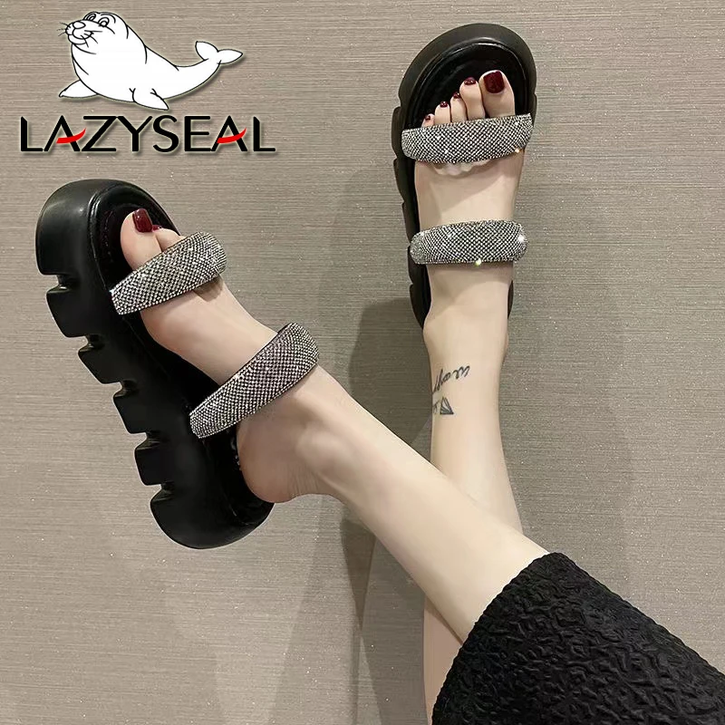 LazySeal Women Platform Slides Colorful Wedge Heel Crystal Design Flip Flop Outside Round Toe Summer Sandals Slip On Casual Mule