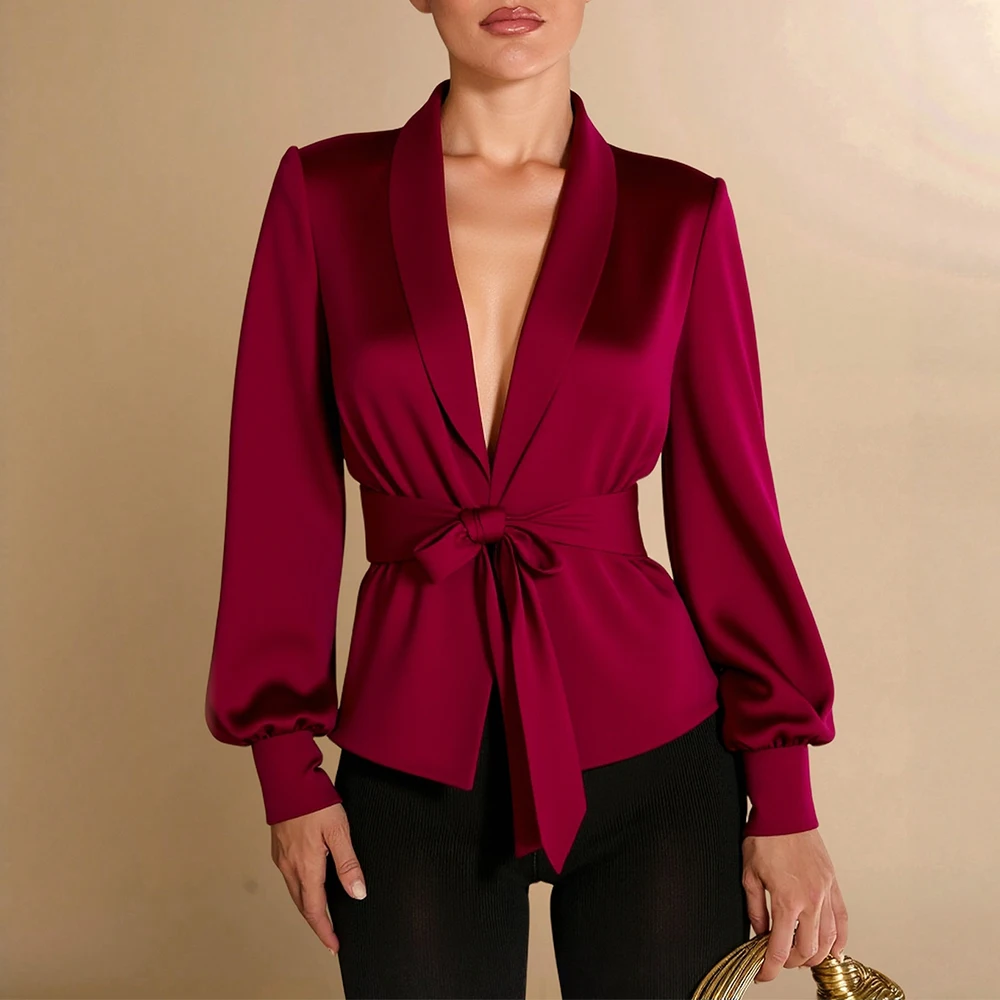 

Mia Muse Autumn Blouses 2025 Women's Elegant Solid Color Long Sleeve Lapel Lace-Up Comfortable Blouses