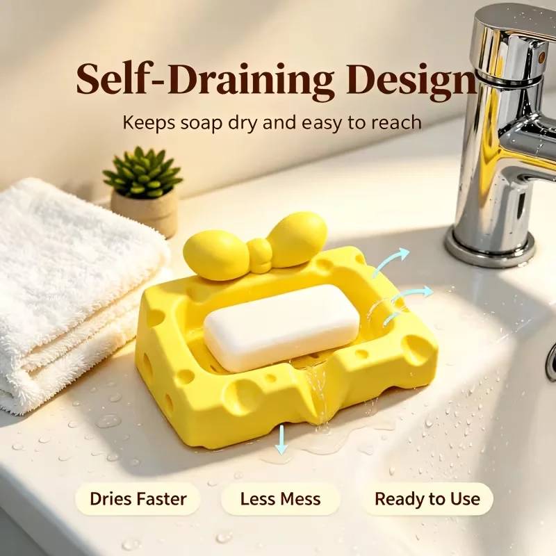 3D Bow Cheese-Shaped Soap Dish And Jewelry Holder Hollow Self-Draining Non-Slip Resin Tray Cute Kitchen Bathroom Decor