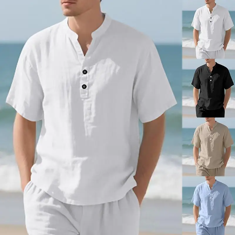 Men's Slim Fit V Neck Linen Shirt Casual Everyday Wear Short Sleeve Comfortable Breathable Versatile Style for Any Occasion