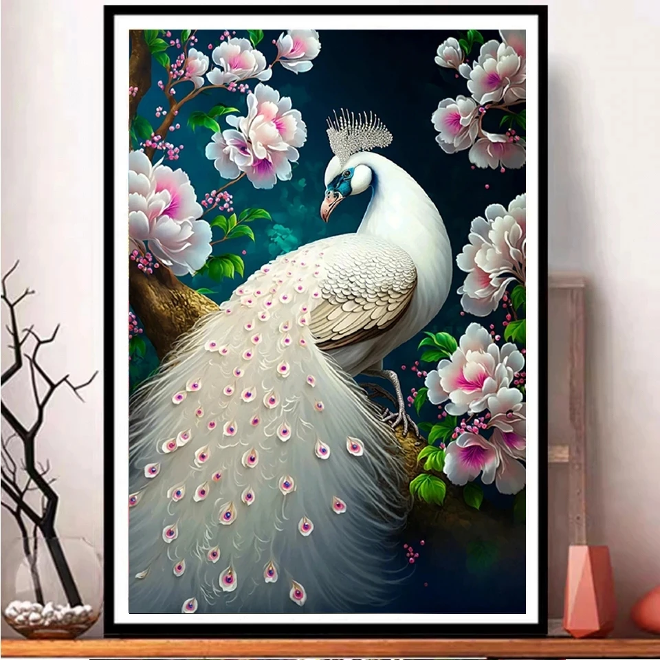 Birds And Flowers Art 5D Diy Diamond Painting Seaside Opening White Gold Peacock Full Mosaic Cross Stitch Home Decor E474