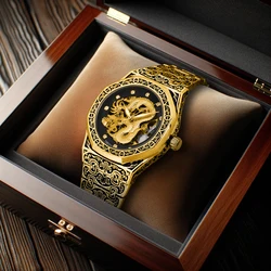 New men's watch with gold steel strip limited edition finely carved golden dragon night light fully automatic mechanical watch