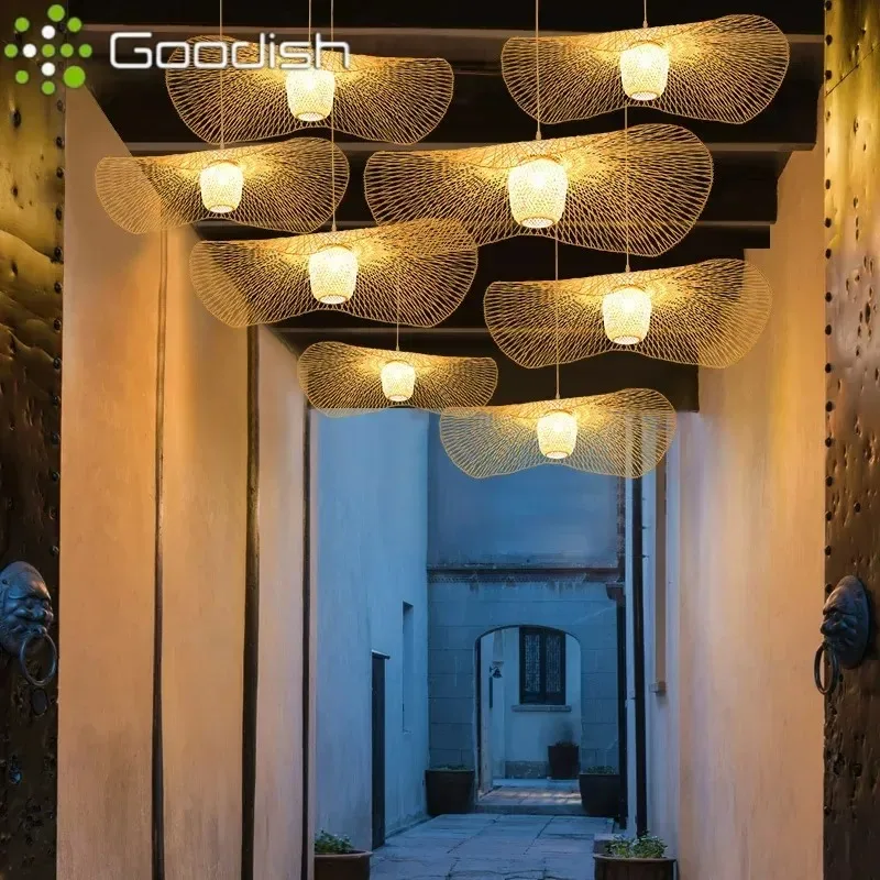 

Janpanese Wabi-sabi LED Pendant Lights Bamboo Rattan Lotus Leaf Hat Art Creative Lamp for Restaurant Home Decoration Chandelier