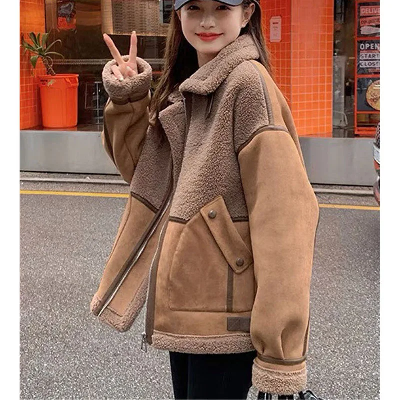 Autumn Femme Cardigan Zipper Suede Fur Integrated Coat Winter Women Fashion Lamb Splicing Tops Korean Ladies Long Sleeves Jacket