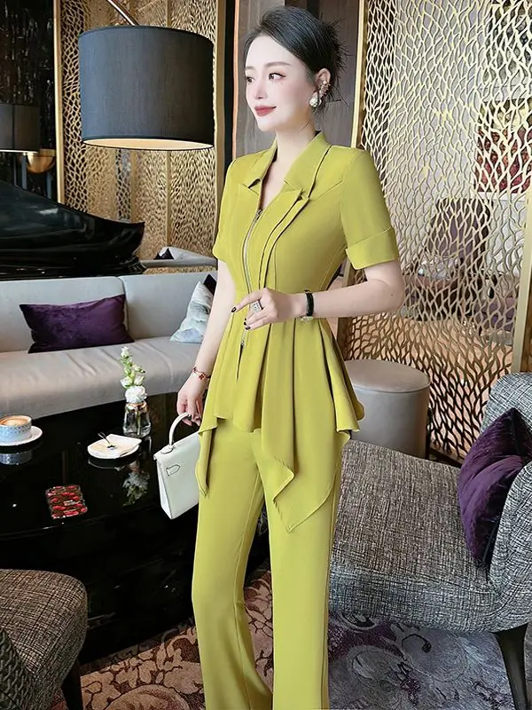 New Korean Style Women\'s Zipper Blouse Tops + Trousers 2024 Summer Fashion 2 Pieces Clothes Turn Down Collar Suits Short Sleeved