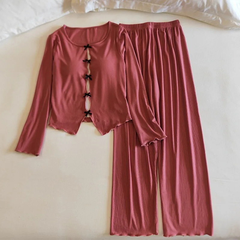 

Комфортная модальная одежда для сна, женская корейская вязаная домашняя одежда с длинными рукавами, осенне-зимняя ночная рубашка, нагрудник, топ, брюки, пижамный костюм