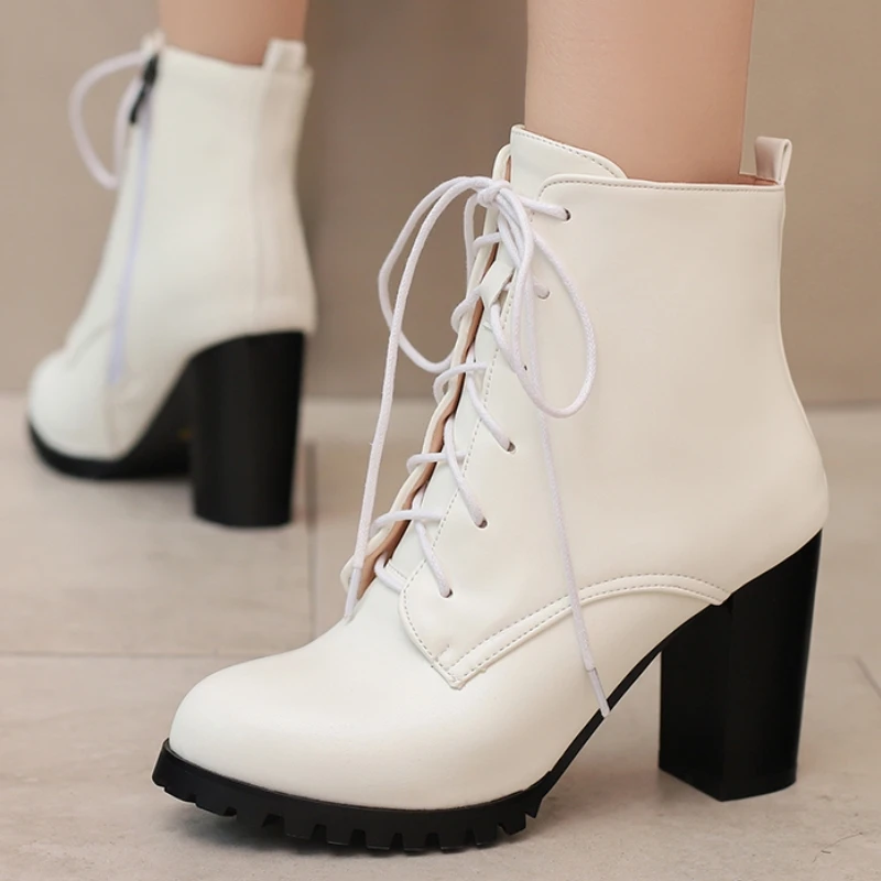 Bottines courtes à lacets pour femme, chaussures de soirée blanches et argentées, bloc noir, talons hauts, grande taille 45 50, automne hiver