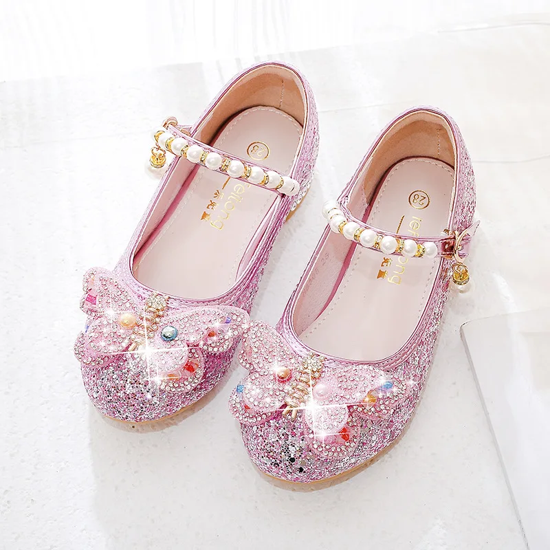 Children High Heels Kids Princess Dance Crystal Girls Leather Shoes Colored Diamond Butterfly Fashion Student Performance Shoes