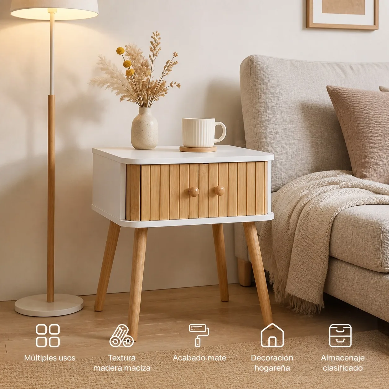 Comodino in legno di stile nordico con cassetto e piano a listelli, tavolino bianco per camera da letto e soggiorno, con gambe in legno massello, mobile moderno per organizzare gli oggetti, dimensioni