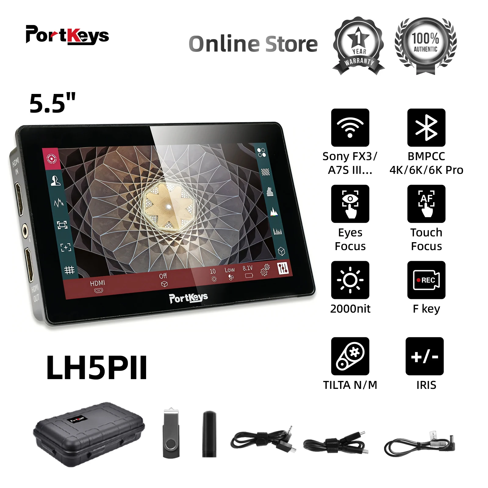 

Portkeys LH5P II 5.5 Inch WiFi Bluetooth Control Camera BMPCC SONY Monitor Dslr 2200 Nit 4K HDMI Portable Studio Field Monitor