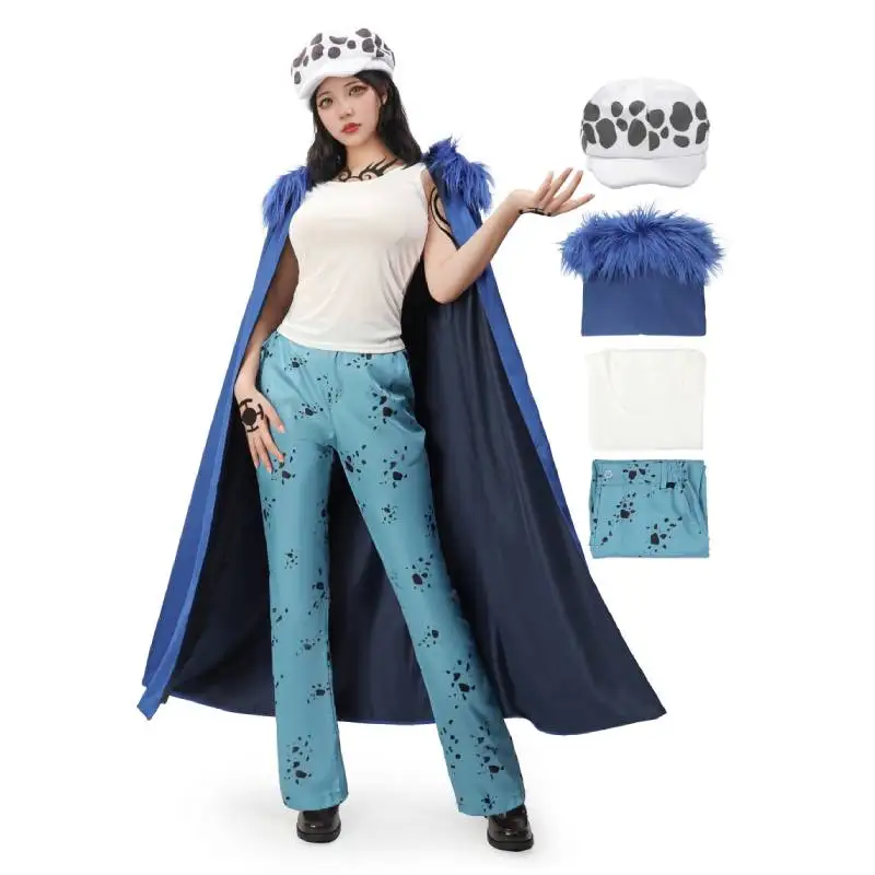 WENAM Anime Law Cosplay Costume Female Blue Woolen Collar Cloak Cape Uniform Full Set Adult Woman Halloween Carnival Suit