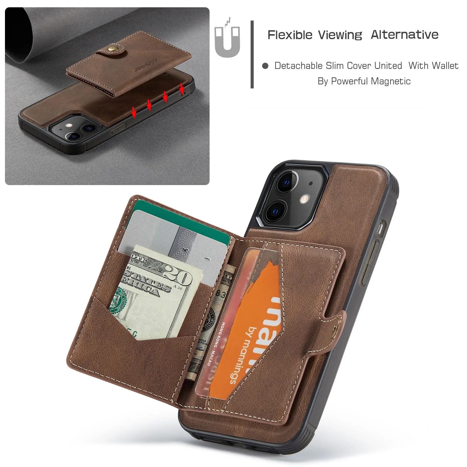 Detachable Card Slot Phone Case for iPhone 16 15 14 Pro Max 12 Mini 13 11 XR XS 7 8Plus Se 2022 Flip Leather Magnet Wallet Cover