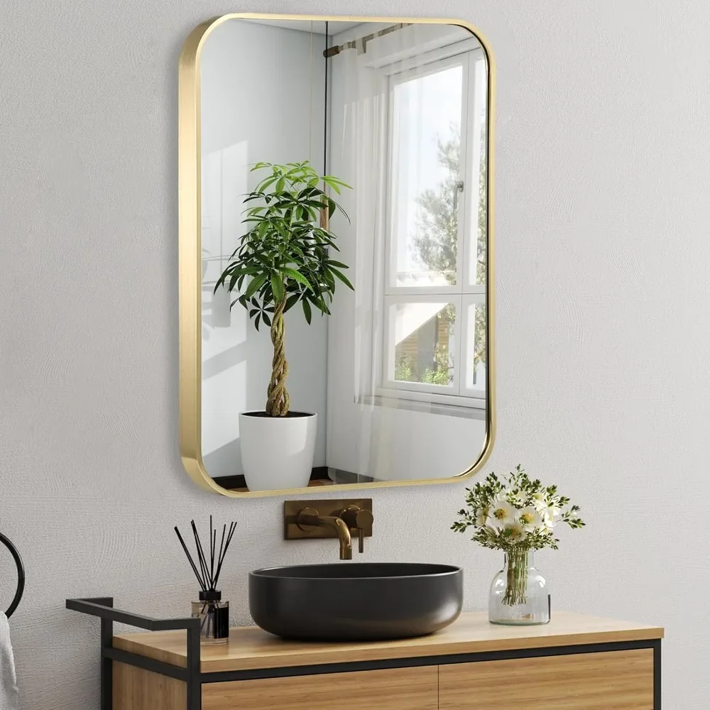 22x30 Inch Gold Bathroom Mirror, Brushed Brass Gold Metal Framed Rectangular Mirror with Rounded Corner, Bathroom Vanity Mirror