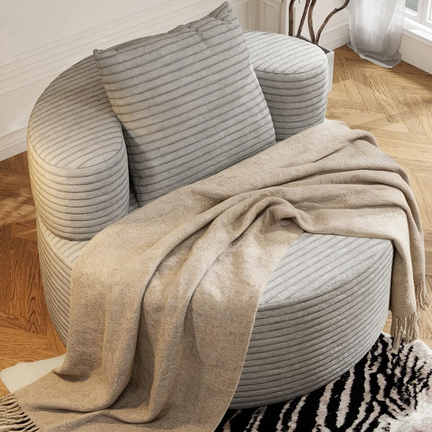 37.4" Oversized Boneless Chair Round, Chaise Lounge Boneless Accent Chair Indoor, Upholstered Corduroy Deep Seat Sofa Chair