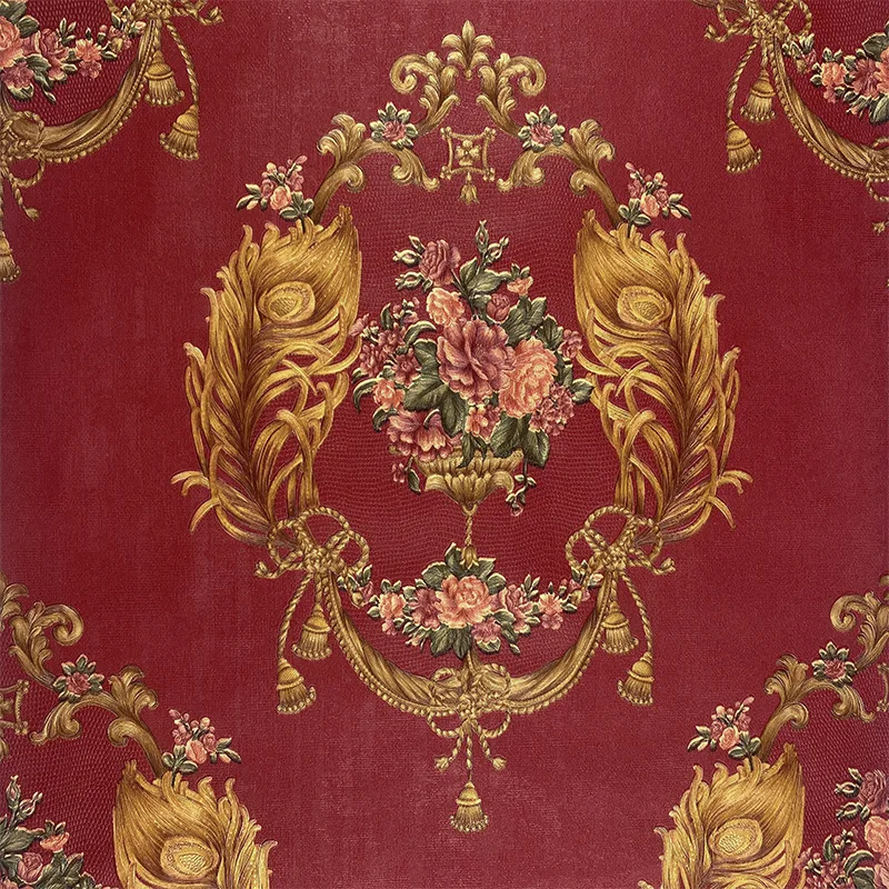 European Damask Floral Wallpaper 3D Red Background Golden Peacock Feather Rose Wall Paper for Living Room Bedroom TV Home Decor
