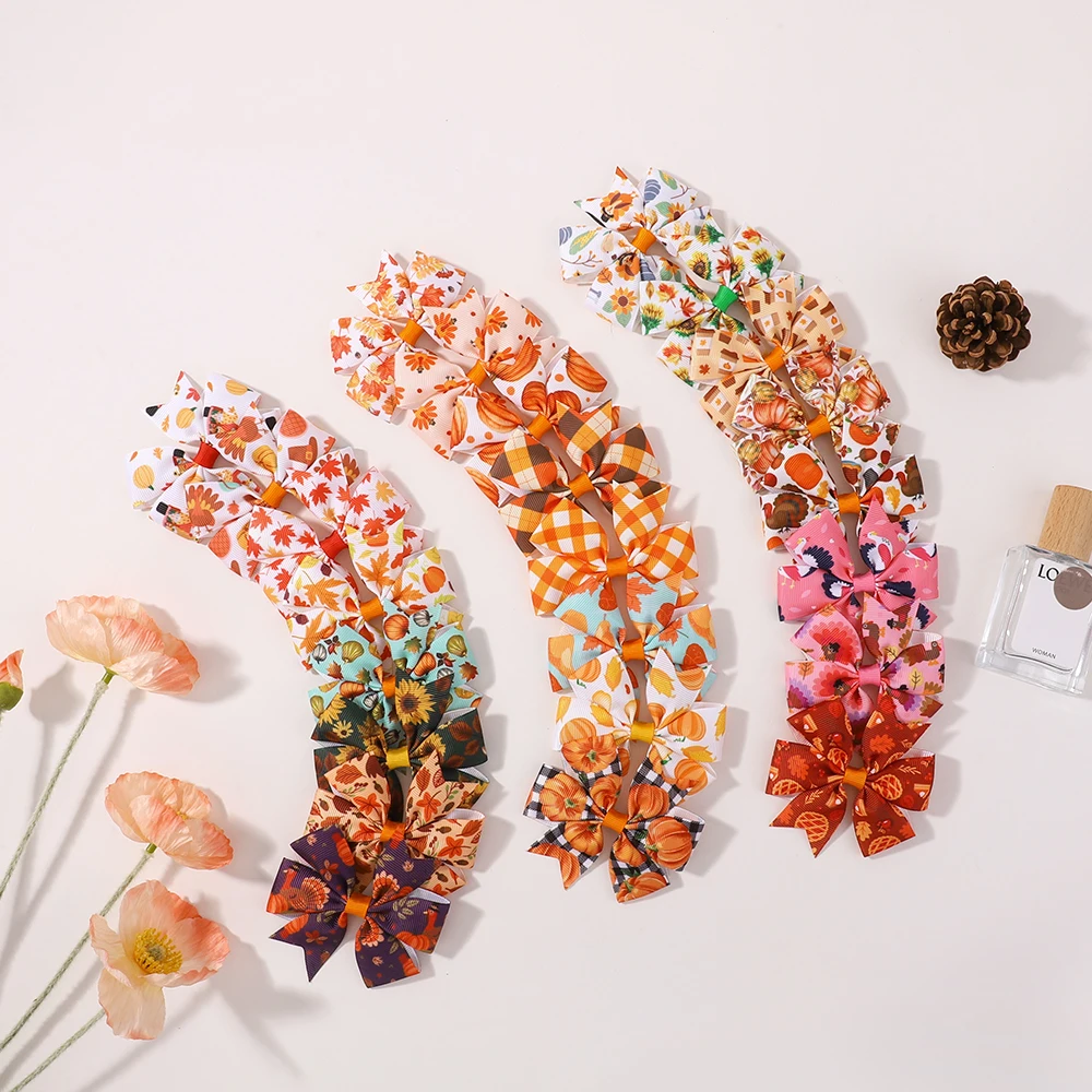 12pcs Thanksgiving Day  Orange Hair Bow Clips Set for Baby Girls Printed Ribbon Bow Hairpins Barrette Headwear Holiday Gifts