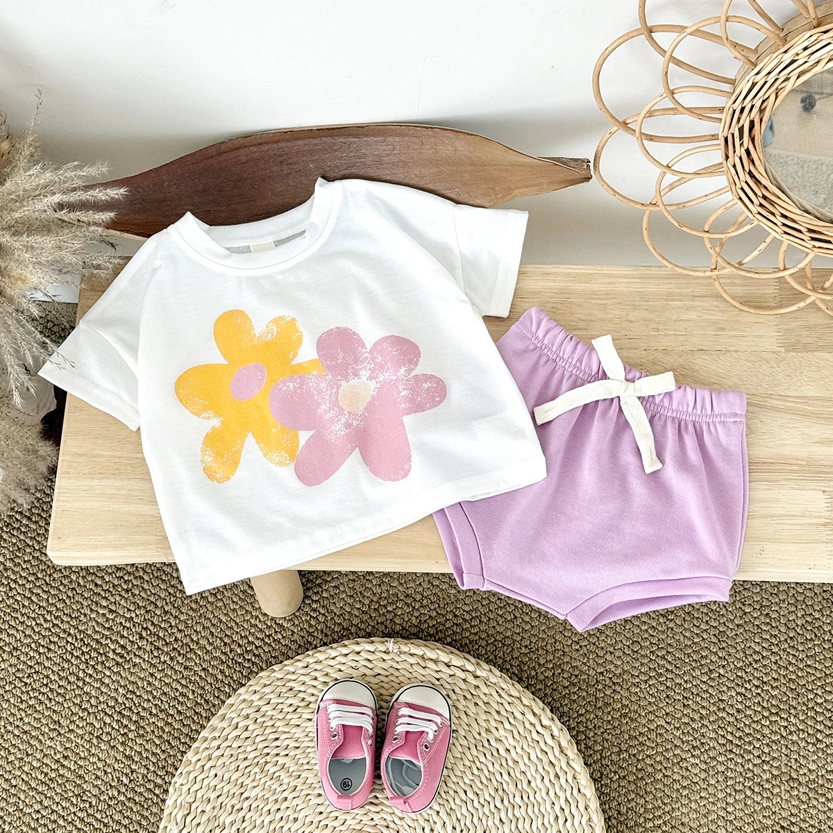 صيف جديد ملابس الطفل الرضع خمر نمط الأزهار طباعة أعلى + أسفل مجموعة طفل الفتيات مجموعة ملابس الطفل الوليد 2 قطعة #5