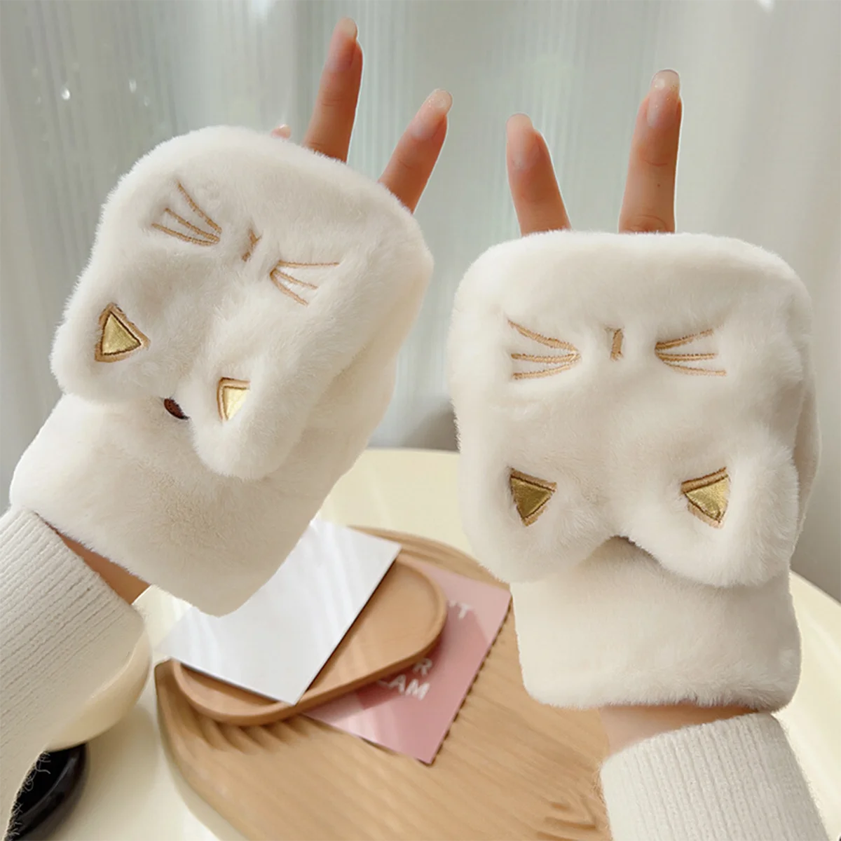 Cute Cat Plush Gloves for Women Korean Style Winter Fingerless Flip-up Style Outdoor Cycling Thickened Windproof warm accessory