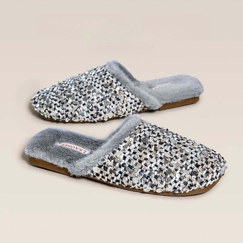 

Autumn Winter Style Glitter Women's Fleece Cotton Slippers Thick Soled Warm Anti Slip Rubber Sole Fashion Outdoor Home Slippers