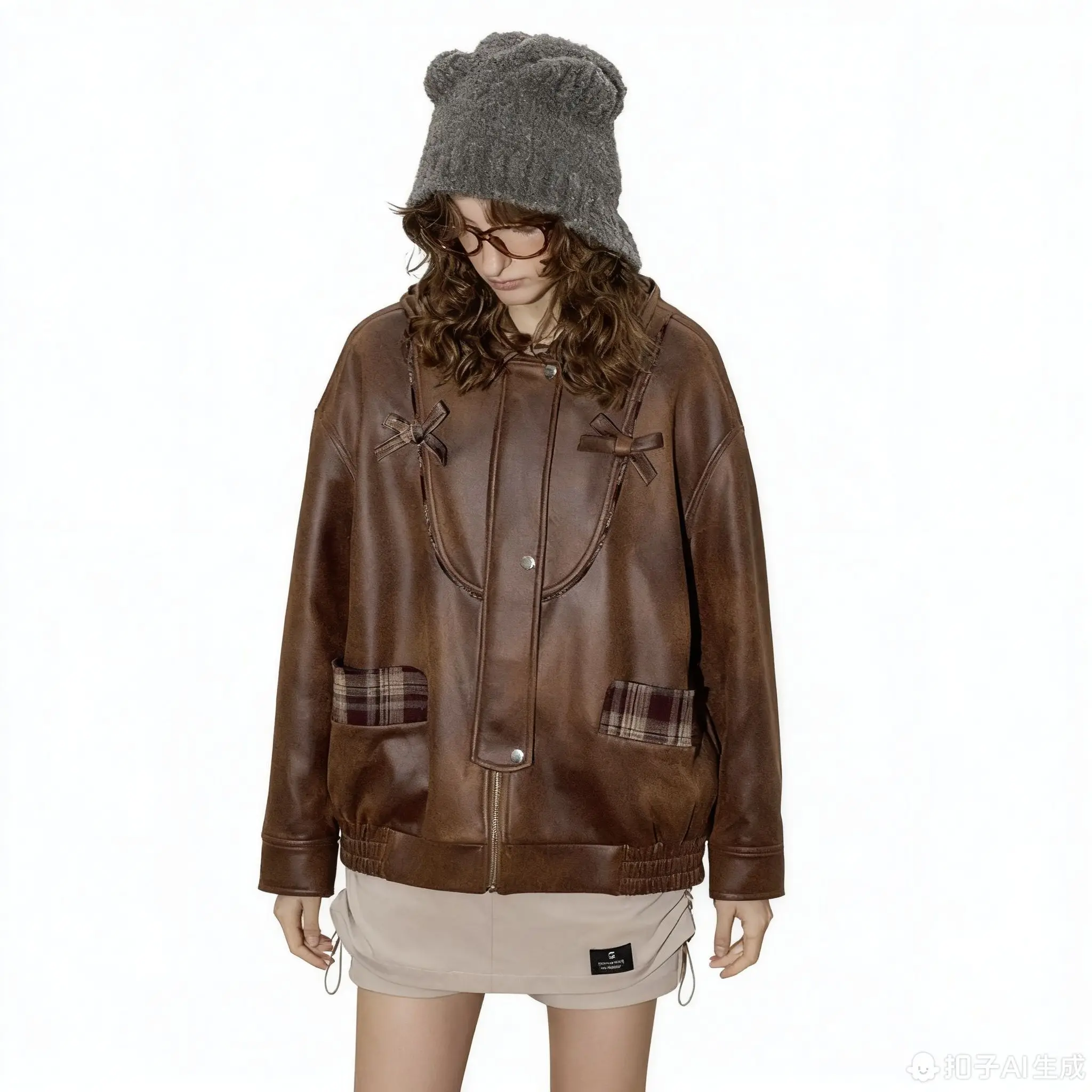 Veste courte en cuir pour femme, Vintage, Style Y2K, coupe ample, Plaid, Patchwork, Design rétro, surdimensionné, vêtements d'extérieur d'automne, nouvel arrivage