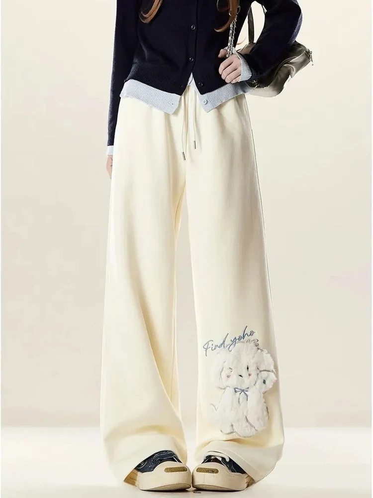 

Women Preppy Style Kawaii Pants Vintage Fall High Waist Cartoon Embroidery Wide Leg Trousers Japan Female Casual Sweet Cute Pant