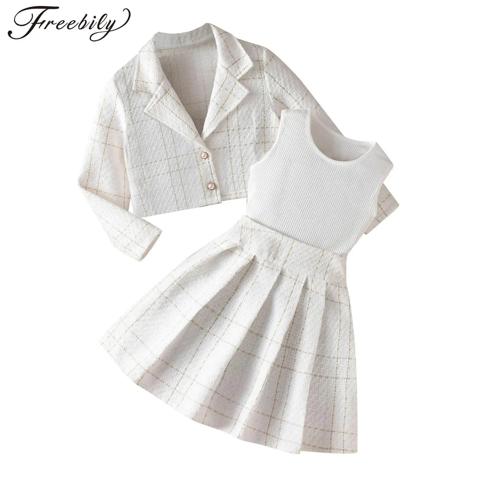 

Girls 3-piece Set Pageants Festival Costumes Elegant Birthday dance Clothing Sets Plaid Outfit Vest Lapel Blazer Pleated Skirt