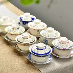 Handpainted Chinese Porcelain Tureen Cup Bowl Set with Lid Ceramic Gaiwan Hollow-Out Design Covered Bowls Cup Saucer New